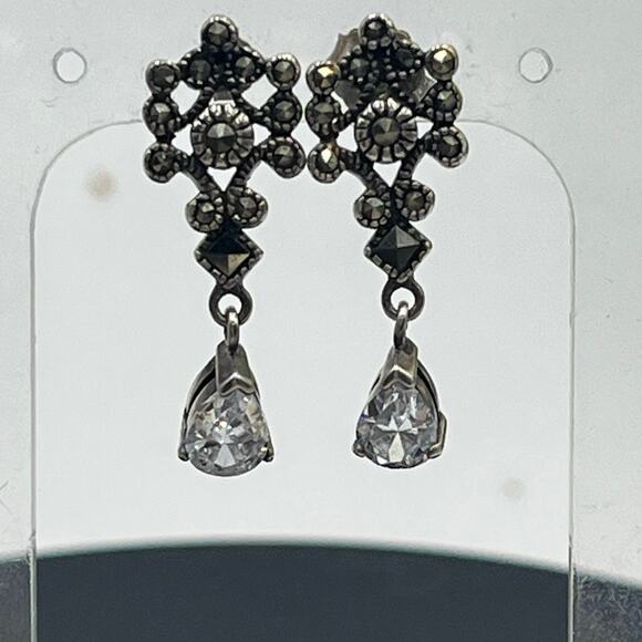 Felicia Designs FD 925 Sterling Silver Marcasite Teardrop Crystal Dangle Earring - Picture 1 of 8